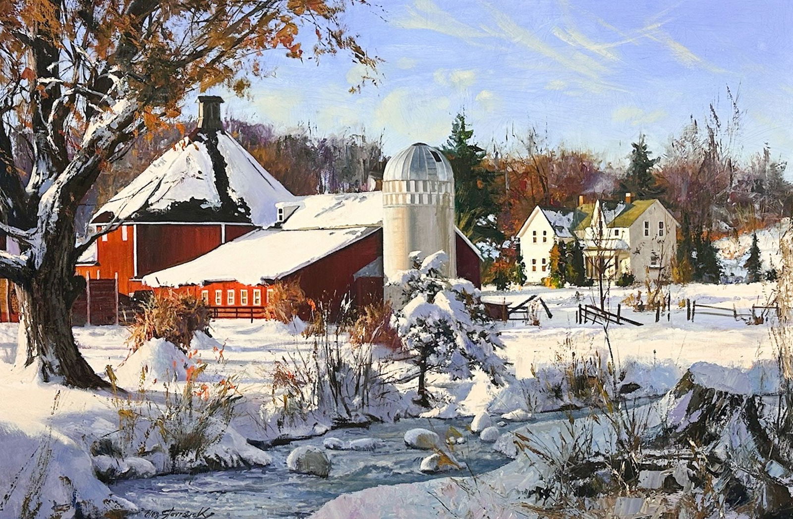 Oleg Stavrowsky (1927-2020) Oil on Canvas, Winter Farm Scene w/ Snowy Stream (1 of 6)