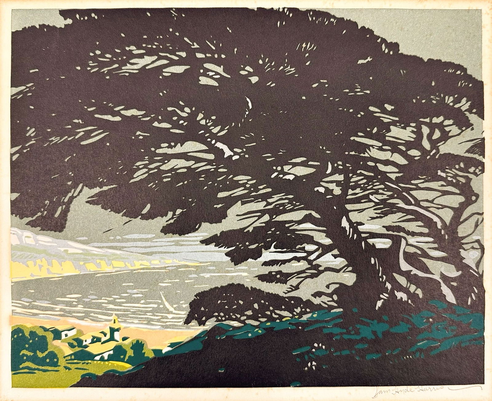 Samuel Hyde Harris (1889-1977) Woodcut on Paper, Coastal Landscape: Titled Doorway to Earth’s Glow. Signed in the lower right corner. Depicts a cypress tree on the coast. Approximately 10 in H x 12.75 in W. Weighs approximately 1 lbs.