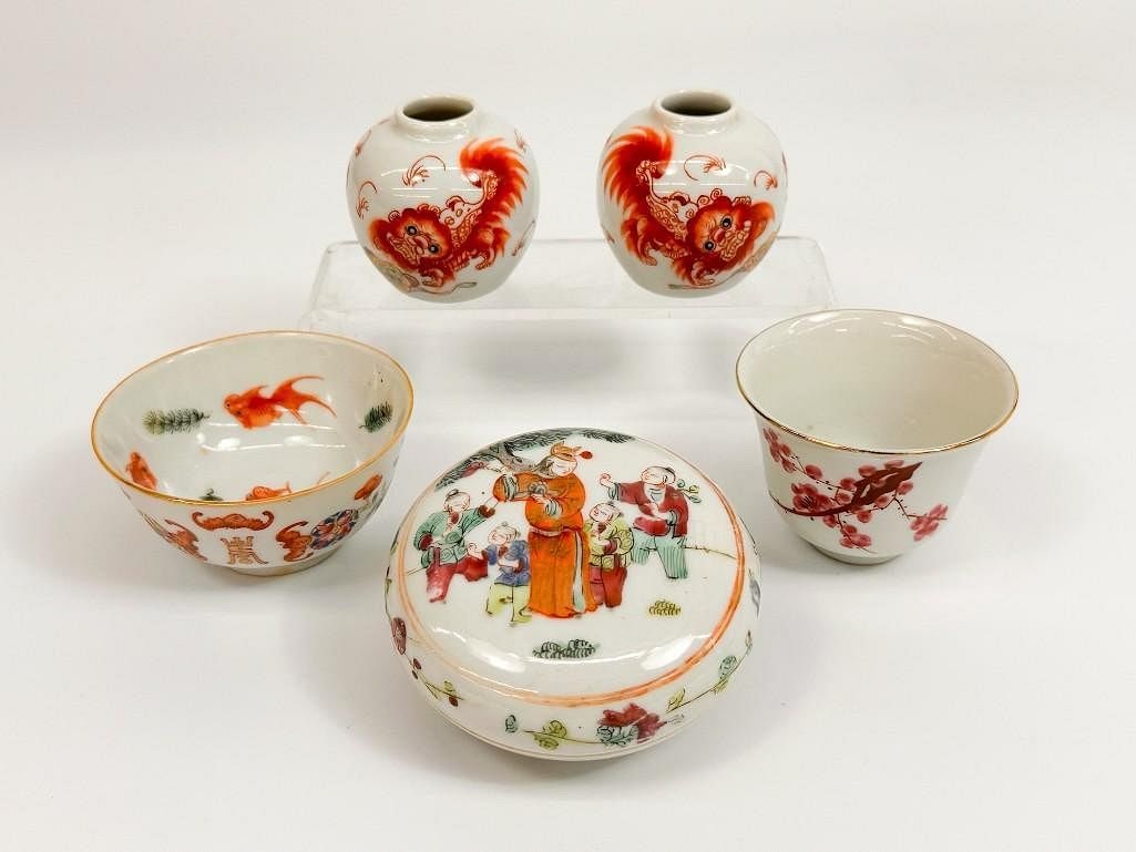 Lot of 6 Asian Porcelain Vases, Cups, and Box (1 of 2)
