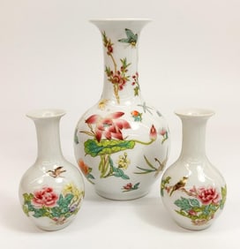 Lot of 3 Asian Porcelain Vases with Floral Motifs