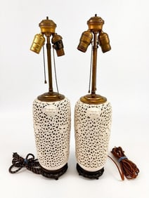 Pair of Blanc de Chine Pierced Porcelain Lamps