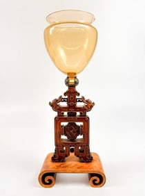 Chinese Wood & Glass Censer with Dragon & Bat Motifs