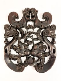 Antique Chinese Carved Wood Plaque with Pomegranates