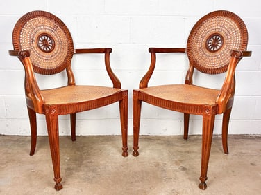 Set of Two Vintage Italian Medallion Wood and Cane Armchair