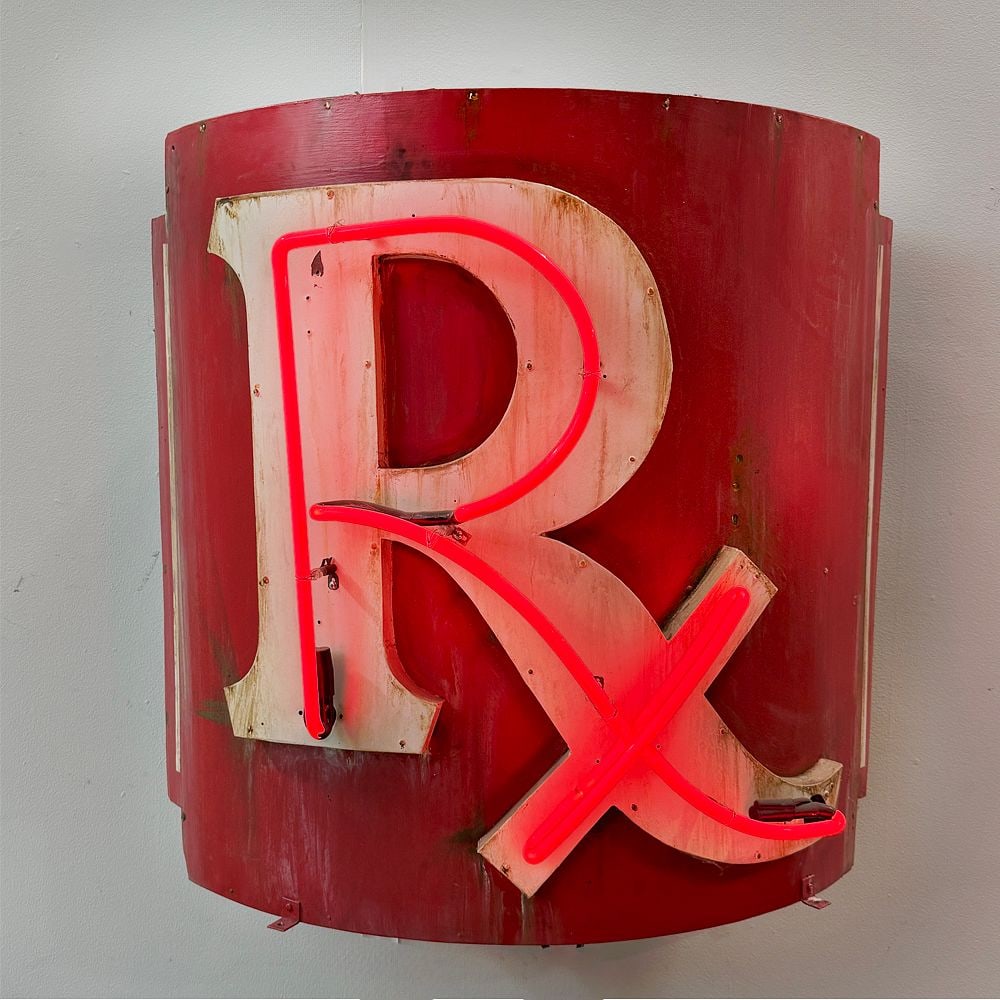 1950s Rx Vintage Neon Sign from Santa Monica, CA: Vintage 1950/1960s. Sourced from a Santa Monica, CA pharmacy on Ocean Park Ave & 17th St. Film/Television Appearance: LA Lakers TV show Winning Time Dimensions: 36" H x 36" W Backing Mat