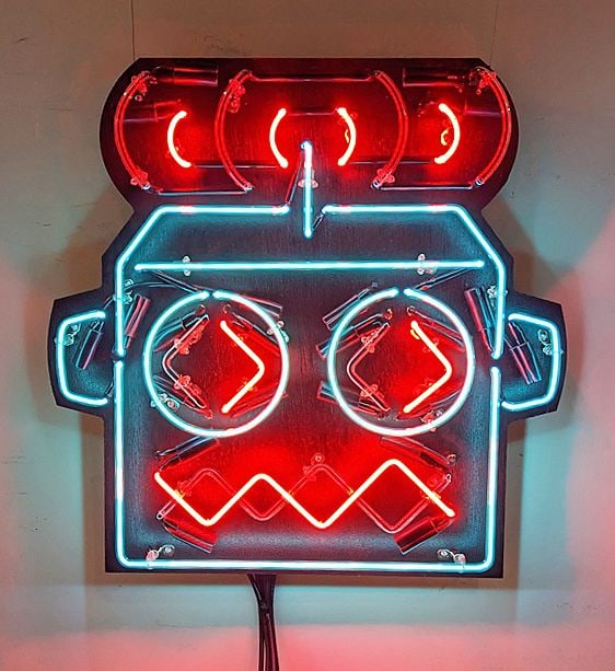 Robot Animated Vintage Inspired Neon Sign: Plug and play. Ready to hang and enjoy. Film/Television Appearance: Used in TV show Lincoln Lawyer & Lopez Vs Lopez Dimensions: 25" H x 25" W Backing Material: Wood In-House Custom Crating Costs: $225
