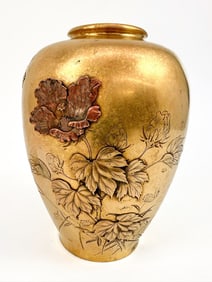 Meiji Era Japanese Mixed Metal Vase with Bird and Hibiscus