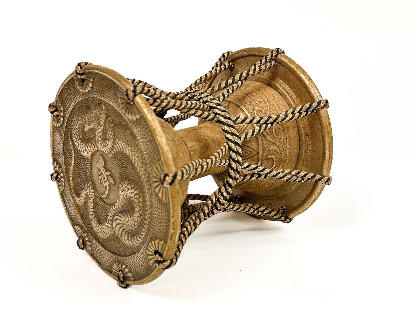 Vintage Japanese Drum Tsuzumi Shape Snake Sculpture Ornament: Drum is made of metal with synthetic rope. Decorative piece shows a snake on either end. Approximately 6.25 in H x 6 in W x 6 in D. Total weight is approximately 4 lbs 14 oz.
