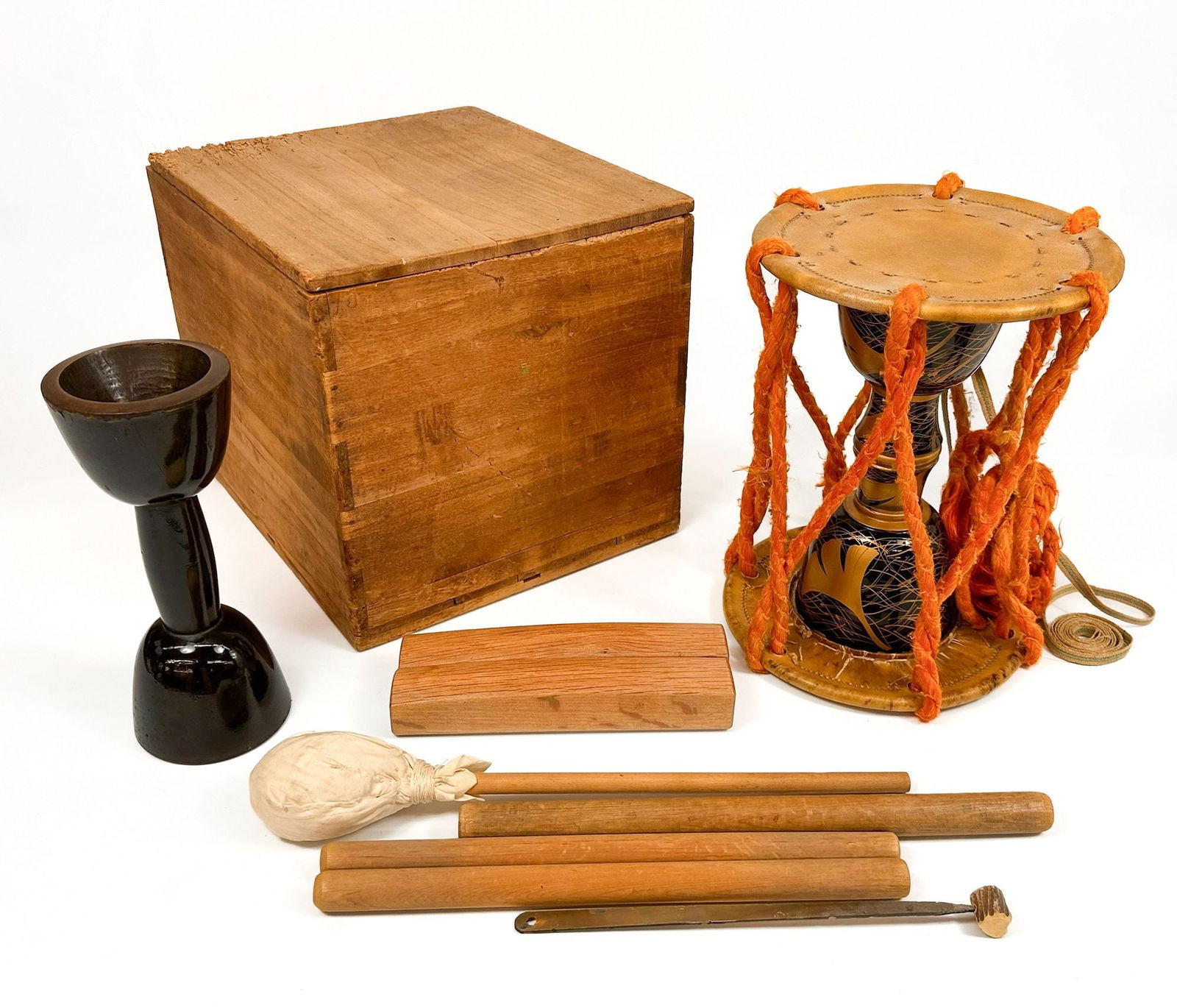 Lot of Antique Japanese Drum and Percussive Instrument Accessories: Includes hyoshigi sticks, tsutsumi drum, mallets and strikers. Drum is made of wood with animal skin heads and metal hardware. Includes an additional tsutsumi drum body. Box is approximately 11.25 in