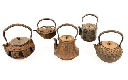 Lot of 5 Vintage and Antique Asian Iron Kettles