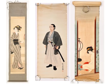 Lot of Three Antique Japanese Painting Scrolls