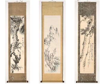 Lot of Three Antique Japanese Ink Wash Landscape Scrolls