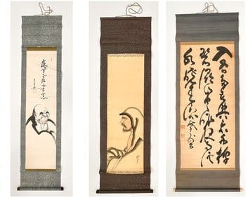 Three Antique Japanese Bodhidharma Ink Wash Scrolls