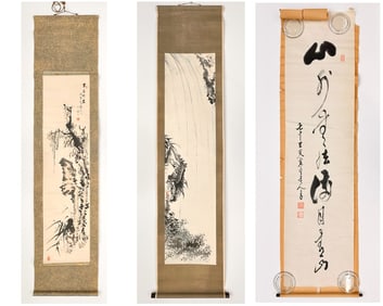 Lot of Three Antique Japanese Ink Wash Scrolls