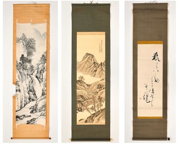 Lot of Three Antique Japanese Ink Wash Scrolls