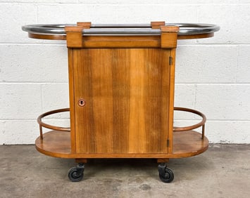 1920s Art Deco Wood Bar Cart with Chrome Rail