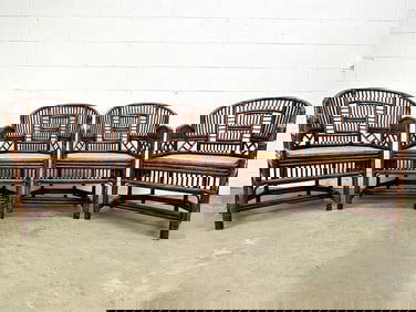 Set of 4 1960 Brighton Pavilion Style Chinoiserie Bamboo Arm Chairs