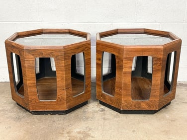 Pair Midcentury Octagonal Glass Tiered Top Side Tables