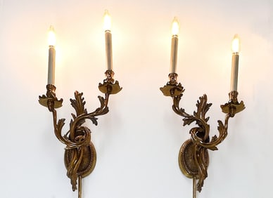 Pair of Rococo Style Cast Brass Two-Arm Wall Sconces