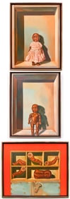 Manuel Hughes (b. 1938) Acrylic on Board, Doll and Doll Parts Triptych