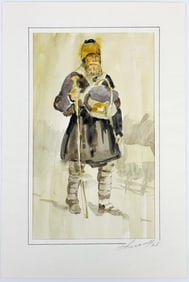 Signed Uglich Russian Watercolor on Paper, Pilgrim Man 1996
