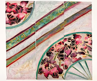 Signed Camarot, Painted Silk, Floral Fans Triptych