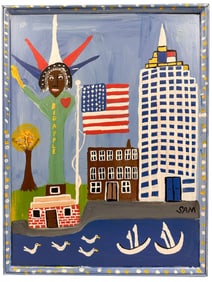 Sam McMillan (1926-2018) AKA The Dot Man Oil on Board, Statue of Liberty