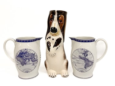 Lot of 3 Mottahedeh Ceramic Pitchers: Dog & Navigational
