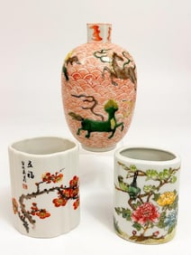 Lot of 3 Asian Porcelain Vases with Flora, Fauna, and Calligraphy