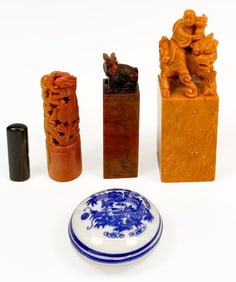 Lot of 4 Chinese Stone Seals & Inkwell