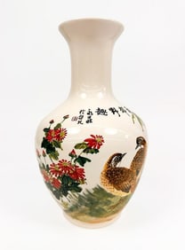 Vintage Taiwanese Porcelain Vase with Ducks and Chrysanthemums
