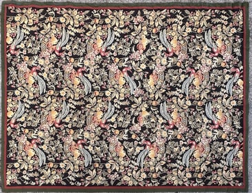 Wool Hand Hooked Rug with Floral and Bird Design, 11.25' x 7.5'