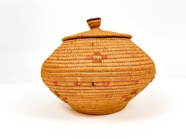 Eskimo Aleut Lidded Basket with Four Directions Motif, Alaska American Indian