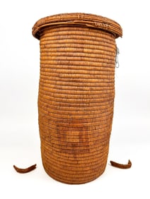 Apache Jicarilla Polychrome Storage Basket with Lid, New Mexico American Indian