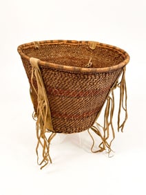 Apache Jicarilla Burden Basket w/ Leather Fringe, New Mexico American Indian
