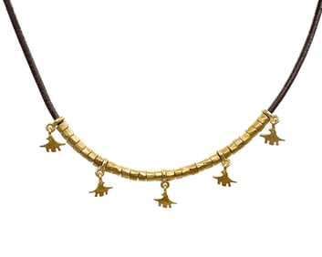 H. Stern 18K Yellow Gold Hammered Barrel Beads on Leather Cord Necklace with Bird Charms