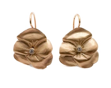 14K Yellow Gold Diamond Pansy Drop Earrings