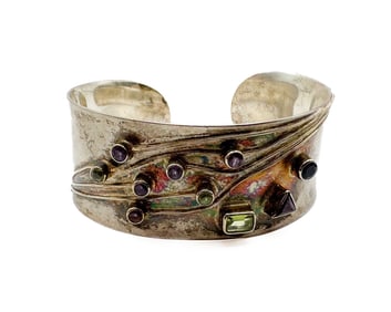 Sterling Silver Peridot And Amethyst Cuff Bracelet