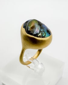 Ten Thousand Things 18K Yellow Gold Black Pearl Cocktail Ring, Size 8