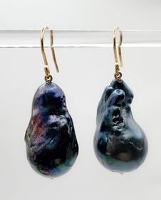 Maria Beaulieu Baroque Black Pearl Earrings with 14K Gold Fixtures