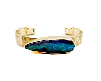 Brooke Gregson 18K Gold Athena Engraved Boulder Opal Emerald Cuff Bracelet