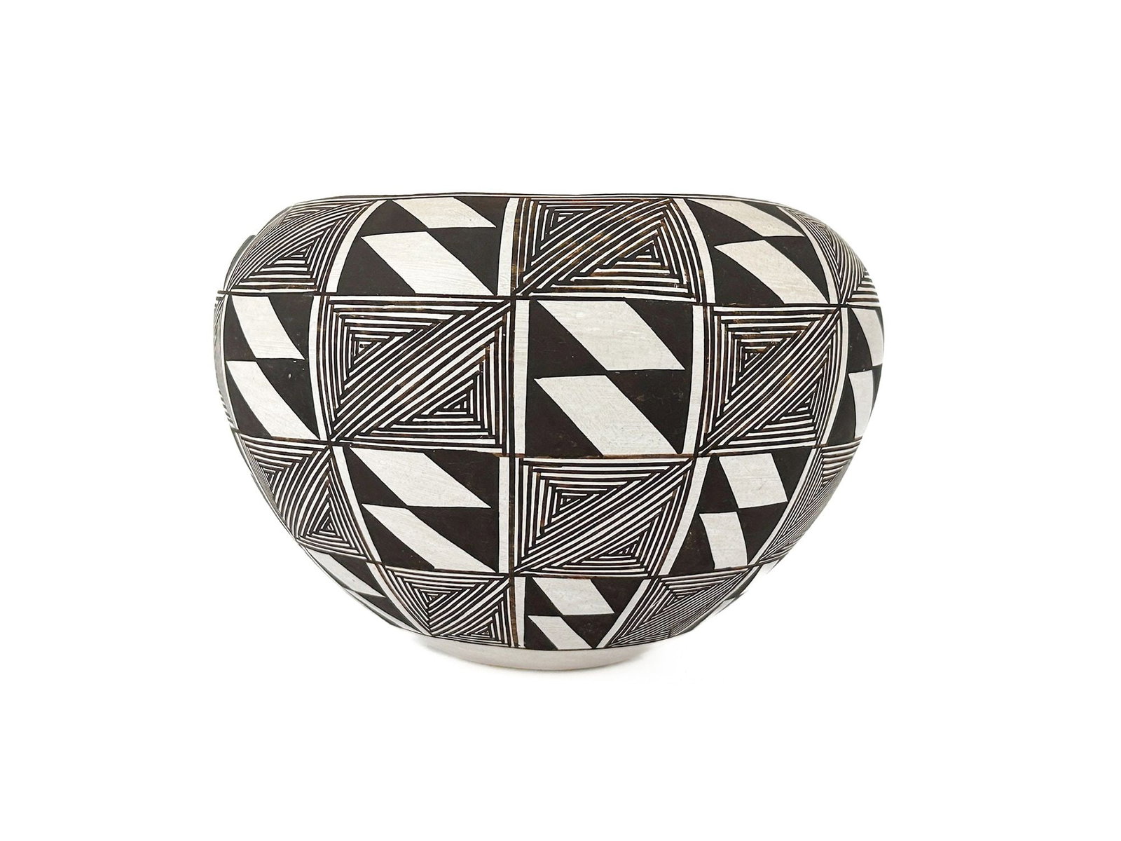 Lucy Lewis, Acoma Pueblo, Terracotta Pottery Vessel, Mid 20th Century, Southwest American Indian: Signed on bottom and inside pot. Acoma, NM. Dimensions: Pot is approx. 5 in H x 7 in dia.