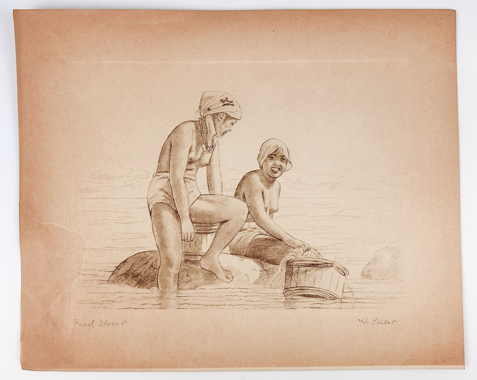 Willy Seiler (1903-1997) Etching On Paper, Pearl Divers, Ed 5/250: Titled Pearl Divers, edition 5/250. Signed in graphite in the lower right corner. Depicts two pearl divers on a rock in the ocean. Dimensions: Approximately 12.5 in H x 15.25 in W. Weighs approximatel