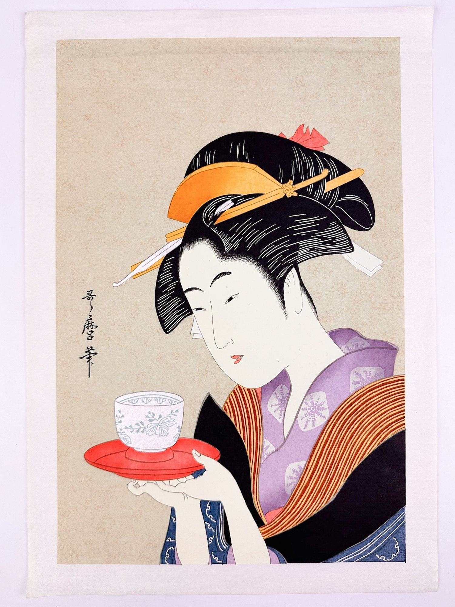 After Kitagawa Utamaro (1753-1806) Woodblock On Washi Paper, Naniwaya Okita: Titled Naniwaya Okita. Artist signature is in the woodblock on the left side. Ukiyo-e print depicts Okita, famous waitress of a tea house in ancient Edo. Modern woodblock reproduction of a traditional