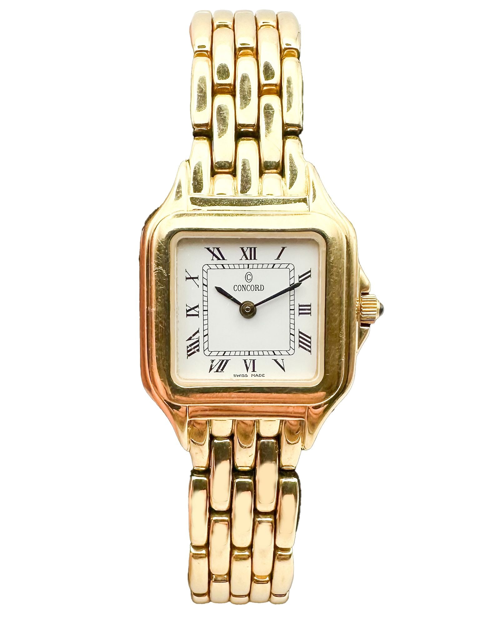 Concord Ladies Watch, 14K Yellow Gold With Panther Link Bracelet: Concord ladies watch in solid 14K yellow gold featuring a white dial with black Roman numeral hour markers and minute track. Square cushion case measuring 22mm with stepped bezel design. Integrated 14