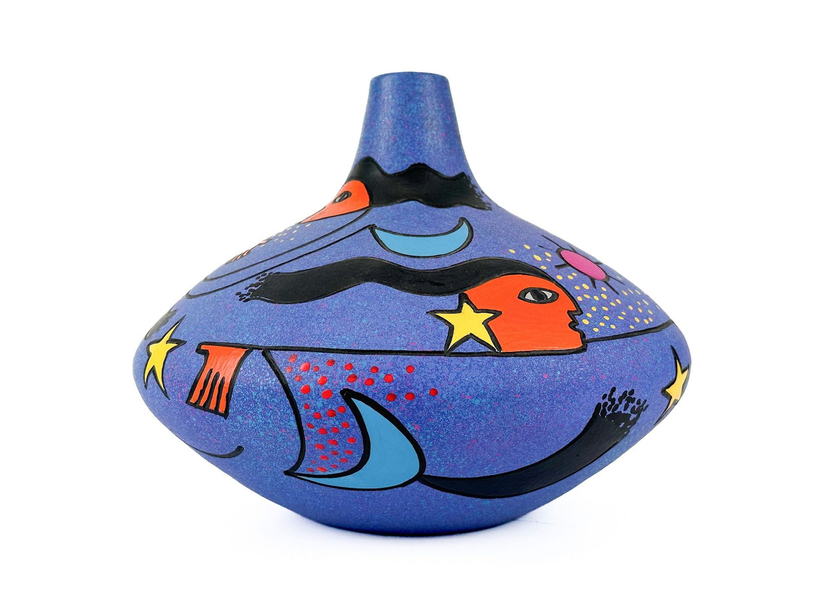 Joseph Ortiz Bracamonte Studio Pottery Signed Painted Clay Art Vase: Colorful studio pottery vase depicts outer space scene. Signed near bottom.Dimensions: Vase is approx. 7 in H x 9 in dia. Weighs 1 lb.