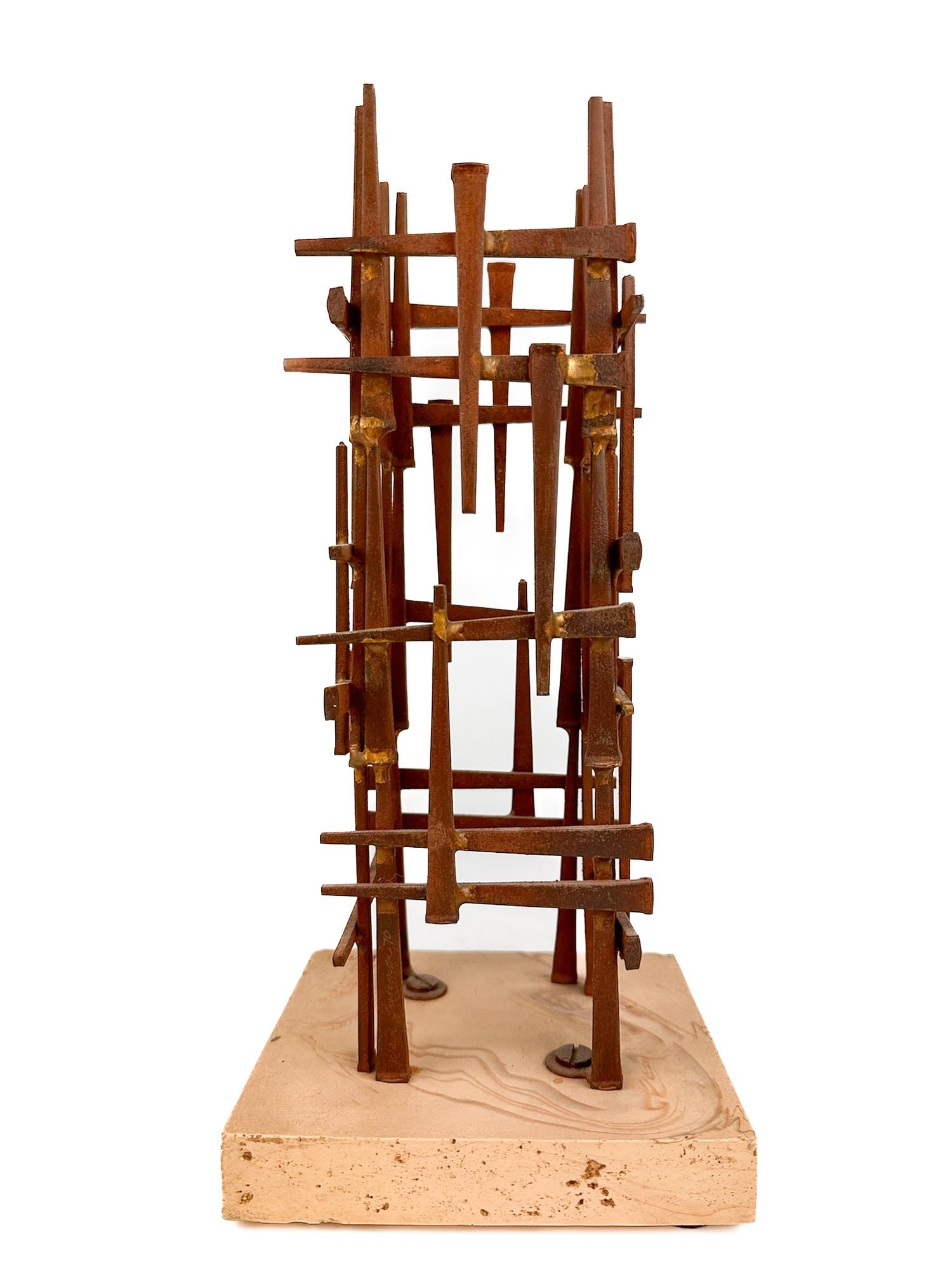 David Grossman (20th Century) Steel And Marble Sculpture, Skyscraper: Titled Skyscraper. Engraved mark on base. Depicts a welded brutalist spiked nail abstract tower sculpture on a marble base.Dimensions: Approximately 13 in H x 6 in W x 5.5 in D. Weighs approximately 4