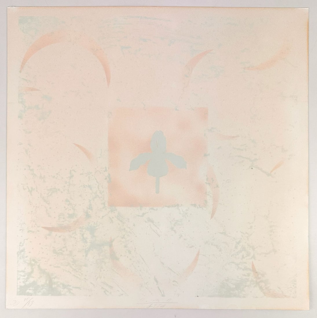 Billy Al Bengston (1934-2022) Lithograph Ed. 10/63, Iris, 1974: Titled Iris, edition 10/63. Signed B.A.B. in graphite on the center bottom. Depicts a silhouette of an iris with textures in pastel shades.Dimensions: Approximately 15.25 in H x 15.25 in W. Weighs app