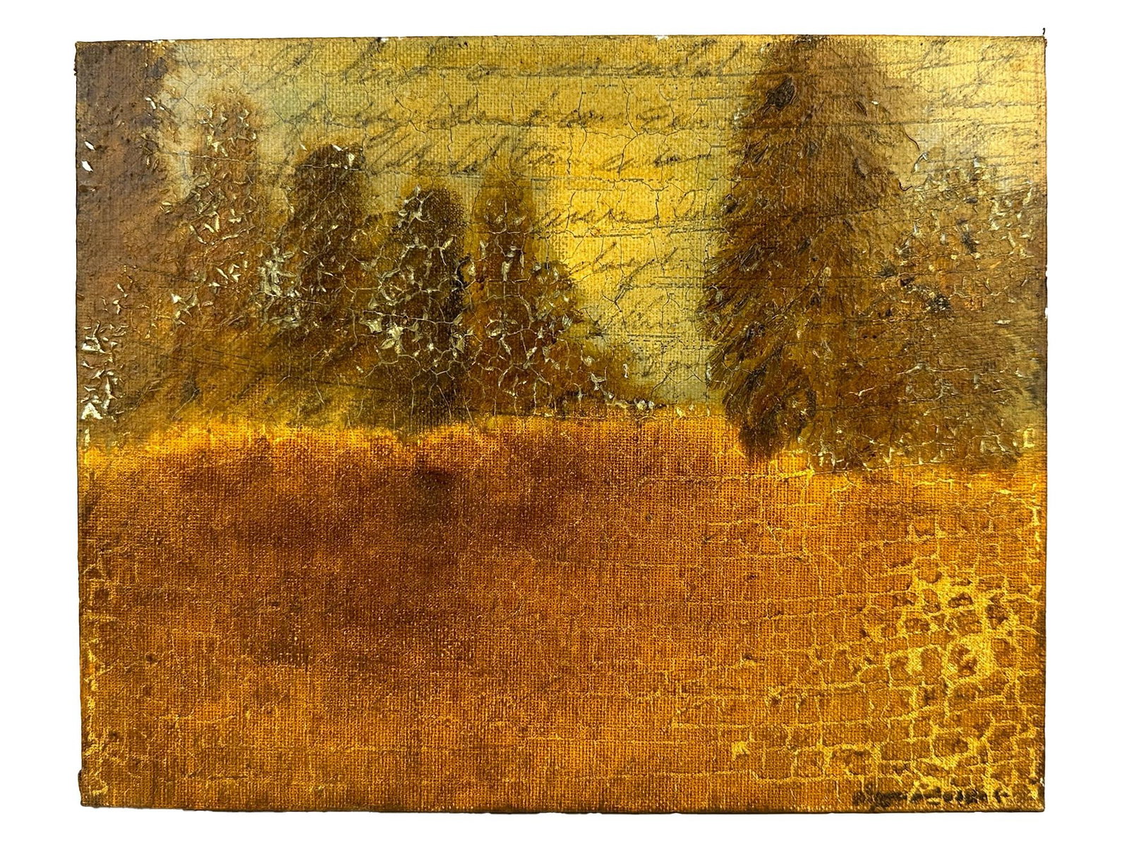 Suzzanne Fokine-Thomas (20th Century) Oil On Canvas, Spring, 1999: Titled Spring. Signed in the lower right corner and on the back. Depicts a field with trees in the distance and writing in the sky.Dimensions: Approximately 8 in H x 10 in W. Weighs approximately 1 lb