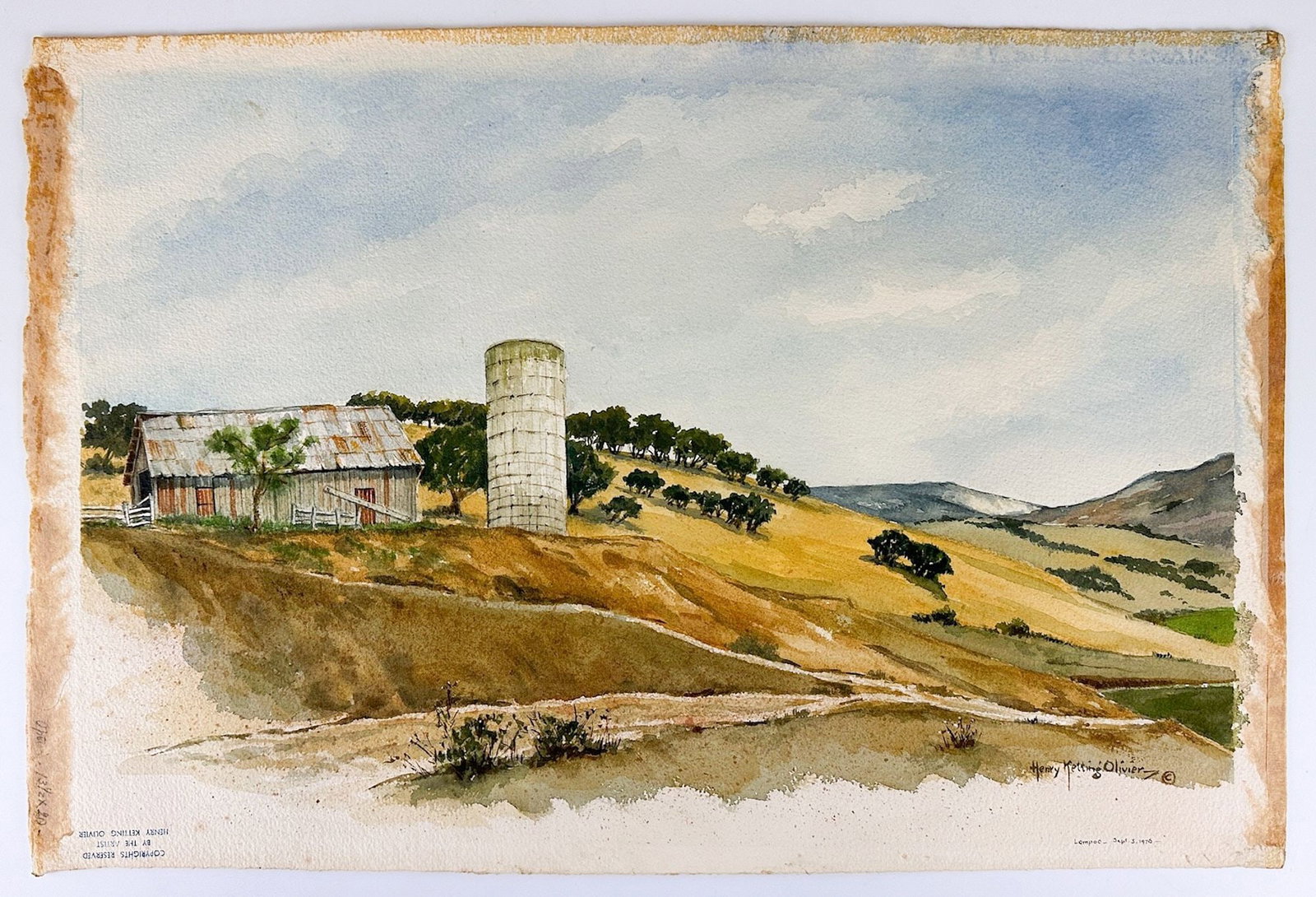 Henry Ketting Olivier (1924-2004) Watercolor On Paper, Lompoc Barn, 1976: Titled "Lompoc Barn," 1976. Signed on lower right corner.Dimensions: Approx. 22.5 in H x 15 in W. Weighs 1 lb.